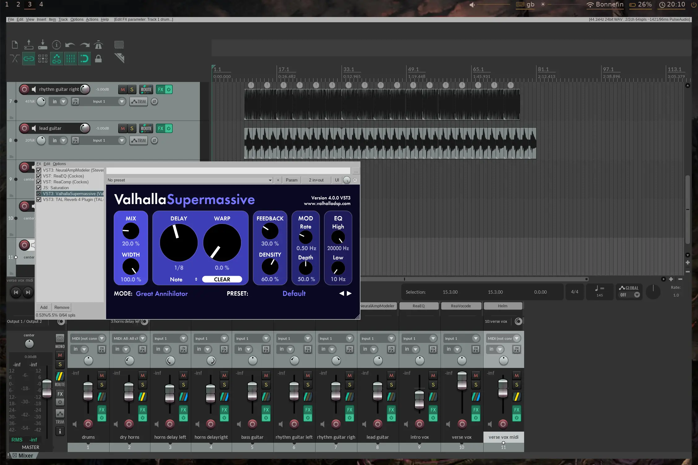 REAPER running on Debian with Windows VST plugins bridged via Yabridge